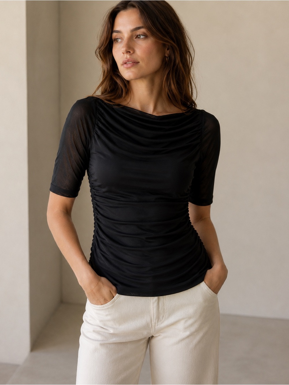 LOFT Black Mesh Ruched Cowl Neck Top Short Sleeve NWT Size S